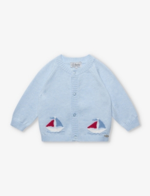 Shop Trotters Nicholas Sail-boat Cotton And Wool-blend Cardigan 0-9 Months In Pale Blue