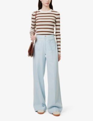 Shop Polo Ralph Lauren Womens Chambray Pressed-crease Wide-leg Mid-rise Cotton Trousers