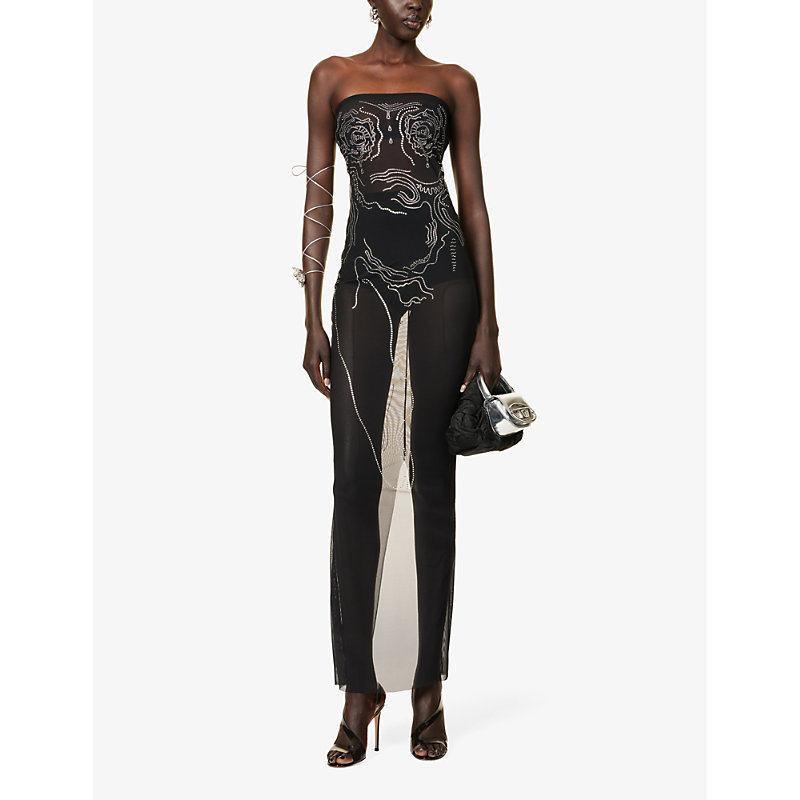 Shop Di Petsa Women's Black Mesh Birthing Venus Crystal-embellished Stretch-mesh Maxi Dress