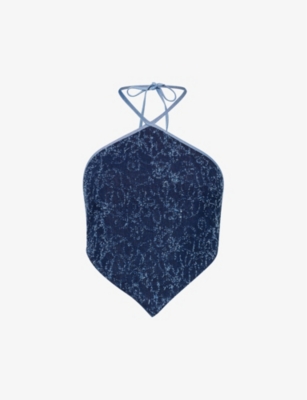 Shop Di Petsa Women's Blue Patterned Halter-neck Denim Top