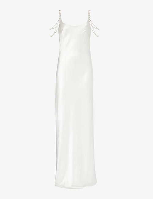 GALVAN LONDON: Pearl-embellished open-back satin maxi dress