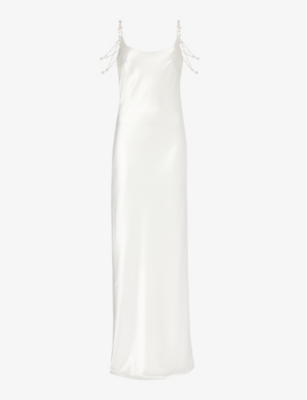 Shop Galvan London Women's White Pearl-embellished Open-back Satin Maxi Dress