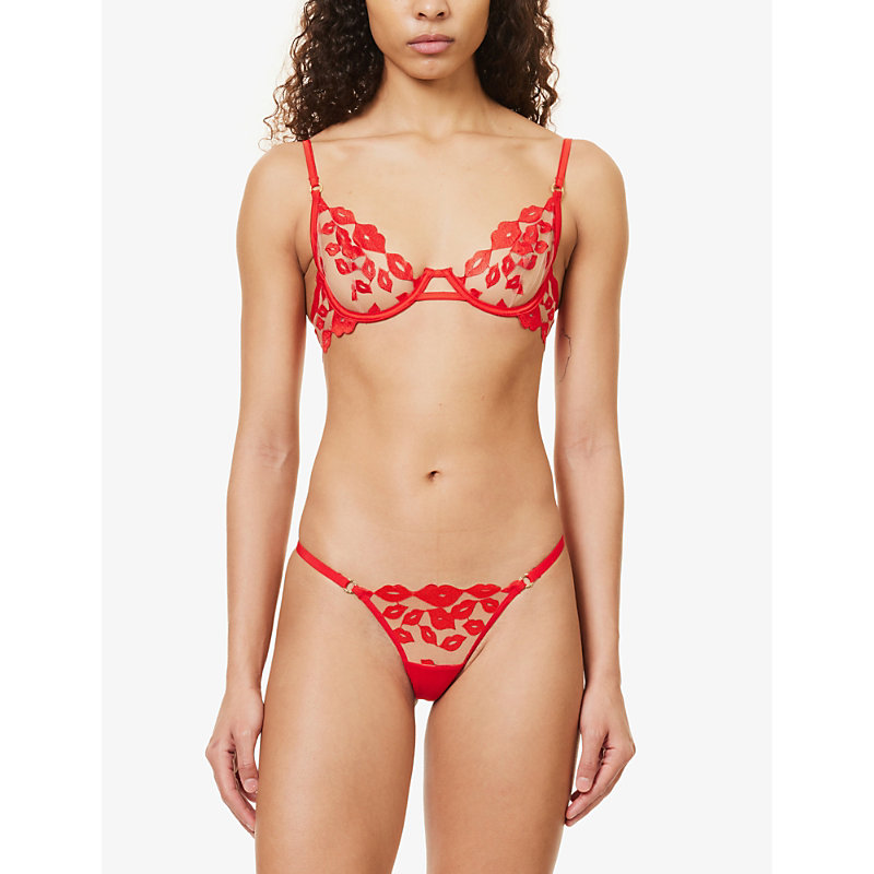 Shop Bluebella Marian Lip-embroidered Recycled Polyester-blend Bra In Tomato Red/sheer