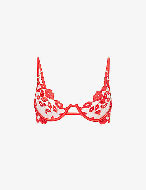 BLUEBELLA: Marian lip-embroidered recycled polyester-blend bra