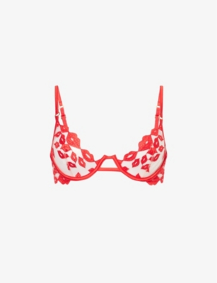BLUEBELLA BLUEBELLA WOMEN'S TOMATO RED/SHEER MARIAN LIP-EMBROIDERED RECYCLED POLYESTER-BLEND BRA