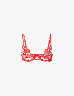 Sheer Plunging Lace Bralette, Tomato Red