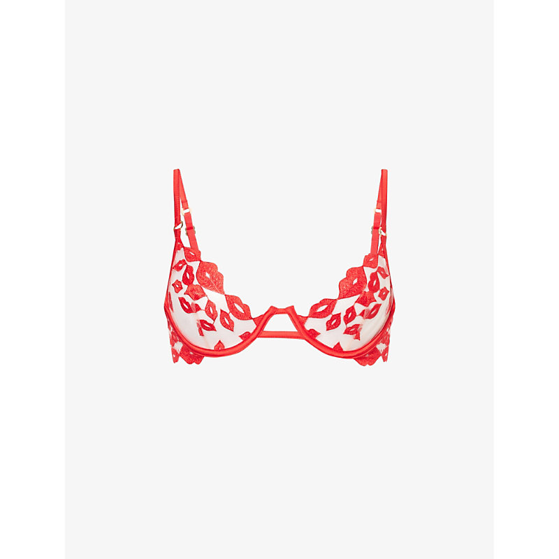 Shop Bluebella Women's Tomato Red/sheer Marian Lip-embroidered Recycled Polyester-blend Bra