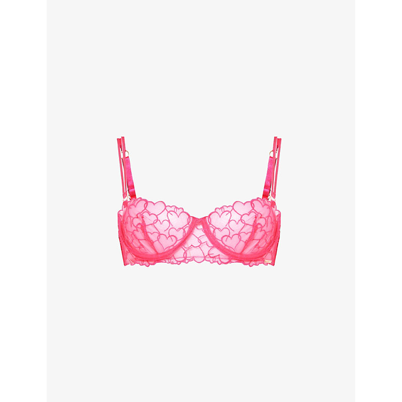Shop Bluebella Valentina Heart-embroidered Recycled-polyester Mesh Bra In Fuchsia Pink