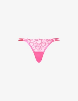 Bluebella Womens Fuchsia Pink Valentina Heart-embroidered Recycled-polyester Mesh Thong