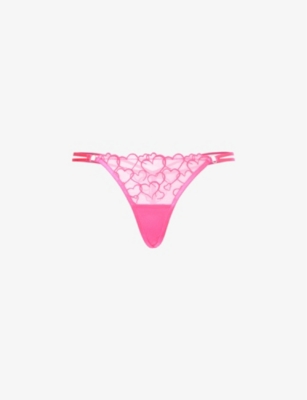 Bluebella Womens Fuchsia Pink Valentina Heart-embroidered Recycled-polyester Mesh Thong In Fuchsia Pink