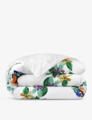Shop Yves Delorme Multicoloured Parfum Graphic-pattern Double Organic-cotton Duvet Cover