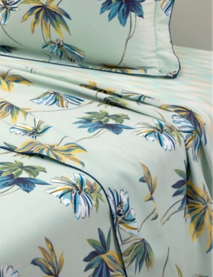 YVES DELORME: Tropical graphic-pattern double organic-cotton flat sheet