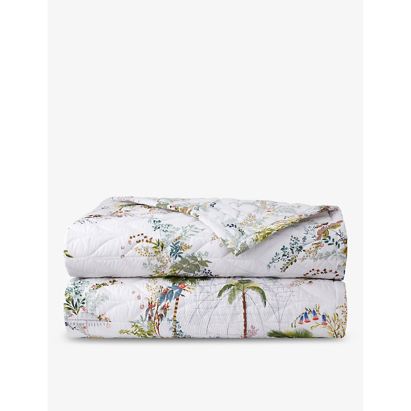 Shop Yves Delorme Multicoloured Jardins Graphic-print Organic Cotton-blend Double Bed Cover