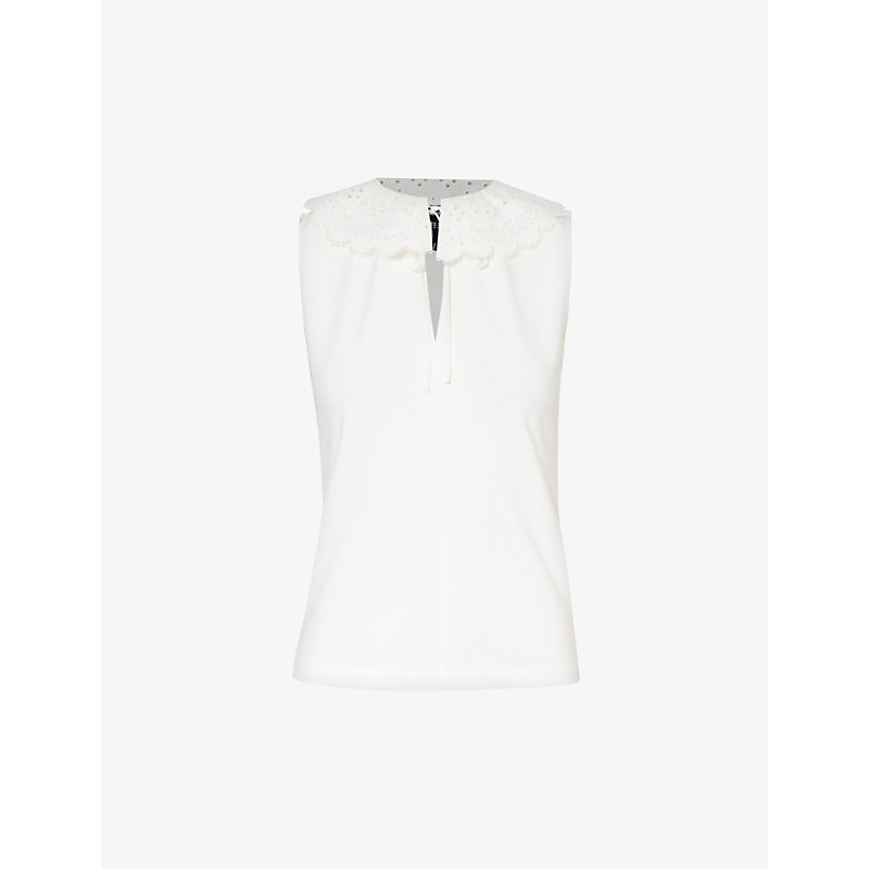 Me And Em Womens Soft White Contrast-collar Sleeveless Cotton-blend Top