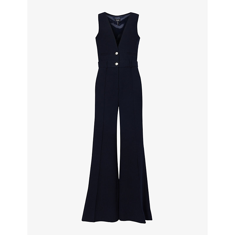 Me And Em Womens Navy V-neck Flared-leg Stretch-woven Jumpsuit