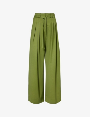 Me And Em Womens Bright Olive Pleated Wide-leg High-rise Wool Trousers