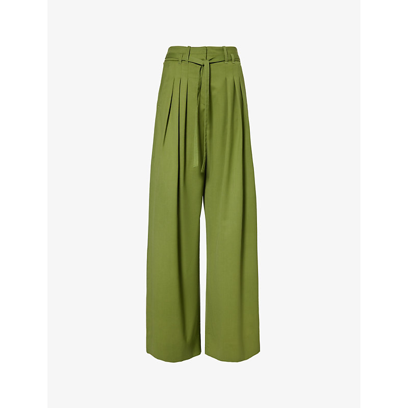 Me And Em Womens Bright Olive Pleated Wide-leg High-rise Wool Trousers