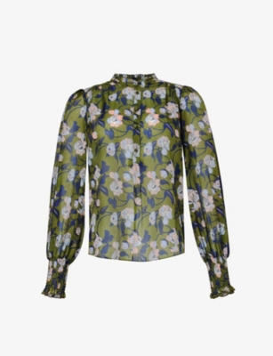 Me And Em Rose-print Ruffled-trim Cotton-blend Blouse In Navy/pink/green