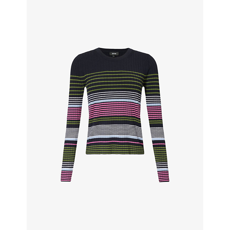 Me And Em Womens Navy Multi Striped Round-neck Wool-blend Knitted Jumper