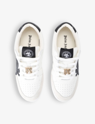 Shop Palm Angels Mens White/blk Palm Beach Brand-motif Leather Low-top Trainers