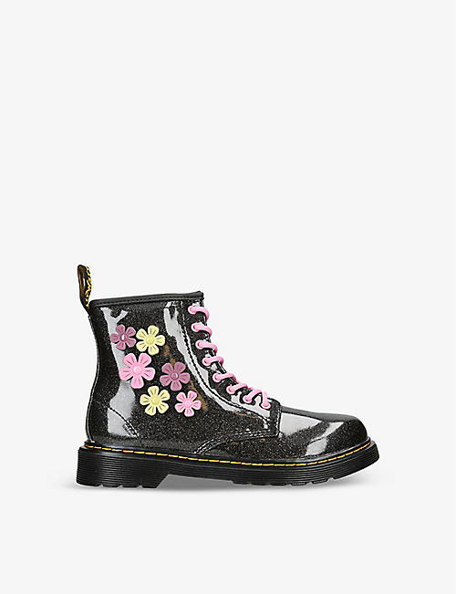 DR MARTENS: 1460 glitter and flower-appliqué woven ankle boots
