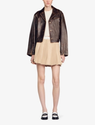 Shop Sandro Women's Naturels Pleated Contrast-trim Cotton-blend Mini Skirt