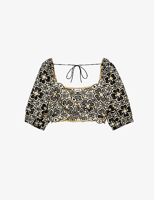 SANDRO: Broderie anglaise-embroidered cotton crop top