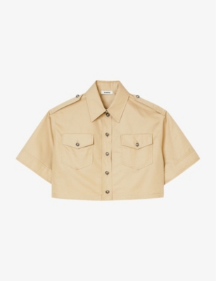 SANDRO: Patch-pocket cropped cotton-blend shirt