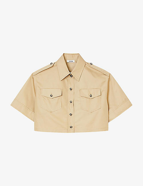 SANDRO: Patch-pocket cropped cotton-blend shirt