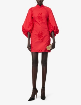 Shop Huishan Zhang Ming Floral-appliqué Woven Mini Dress In Red