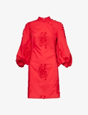 Shop Huishan Zhang Ming Floral-appliqué Woven Mini Dress In Red