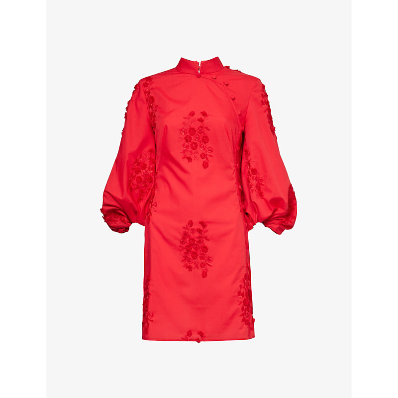 Huishan Zhang Ming Floral-appliqué Woven Mini Dress In Red