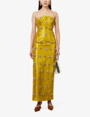 Shop Huishan Zhang Women's Gold Lorena Floral-embellished Woven-blend Maxi Dress