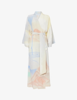 Shop Olivia Von Halle Womens Lazulite Amaya Graphic-print Relaxed-fit Silk Robe