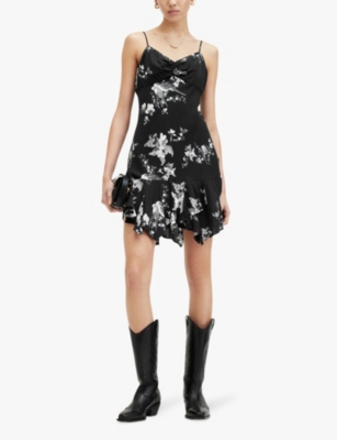 Shop Allsaints Women's Black Erica Iona Floral-print Woven Mini Dress