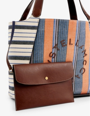 Shop Stella Mccartney Women's Blue/orange Striped Logo-embellished Woven Tote Bag
