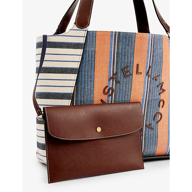 Shop Stella Mccartney Women's Blue/orange Striped Logo-embellished Woven Tote Bag