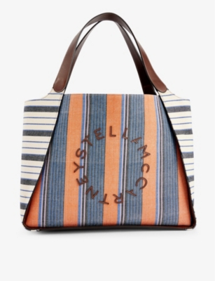 Shop Stella Mccartney Women's Blue/orange Striped Logo-embellished Woven Tote Bag