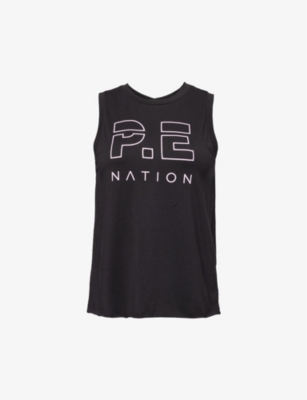 Shop P.e Nation Womens Black Shuffle Logo-print Organic-cotton Top