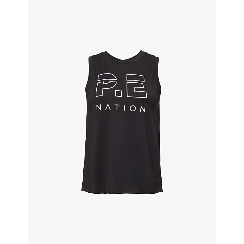 Shop P.e Nation Women's Black Shuffle Logo-print Organic-cotton Top