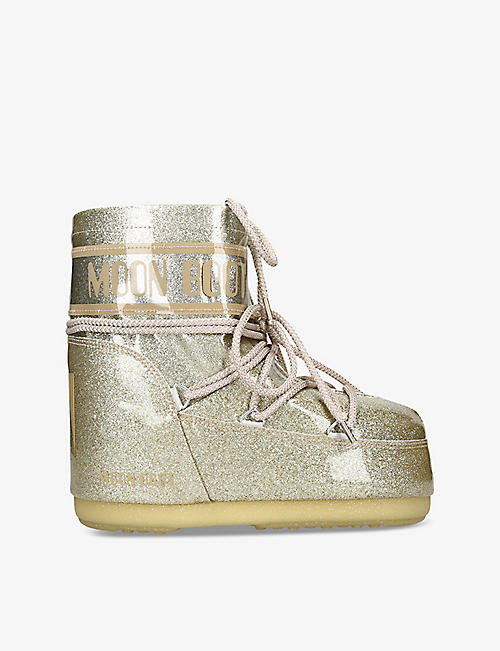 MOON BOOT: Icon Low glitter-embellished woven snow boots