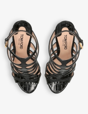 Shop Tom Ford Women's Black Carine Croc-embossed Leather Heeled Sandals