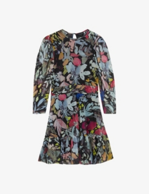 TED BAKER: Payslyy floral-print puff-sleeve stretch-mesh mini dress