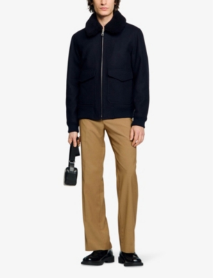 Sandro Mens Shearling-collar Wool-blend Aviator Jacket Navy Blue In Bleus