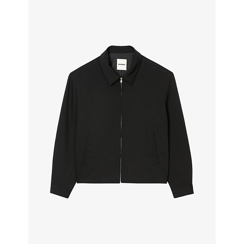 Sandro Mens Noir / Gris Shirt-collar Inverted-pleat Stretch Virgin-wool Jacket
