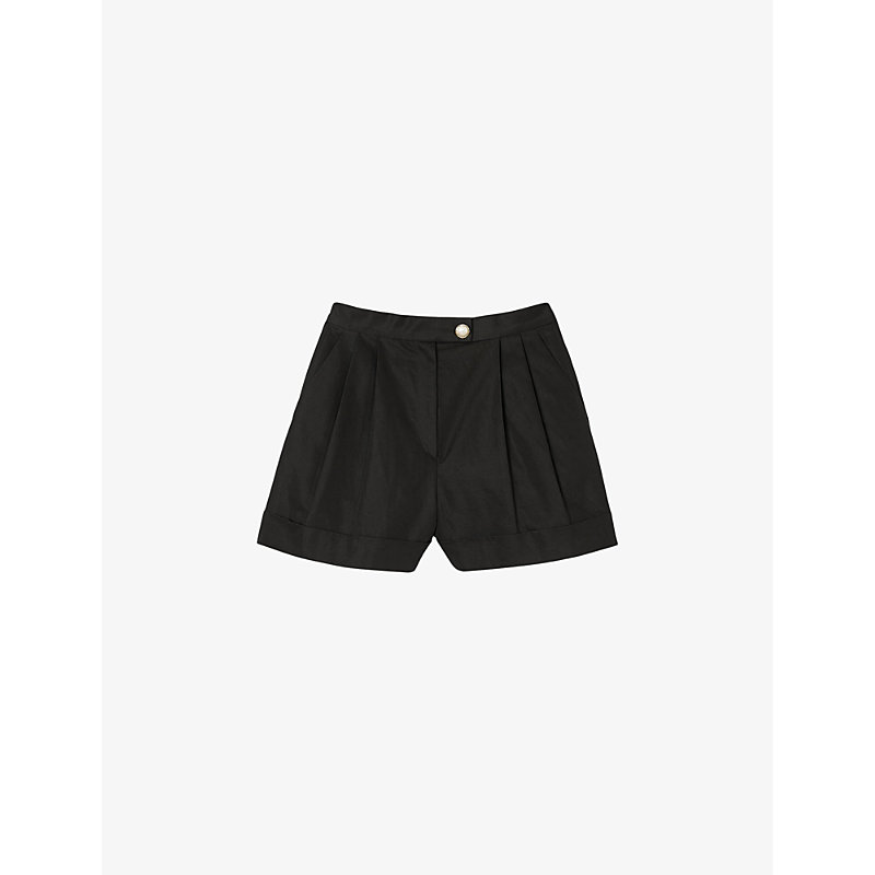 Sandro Womens Noir / Gris Pleated Cotton-blend Shorts
