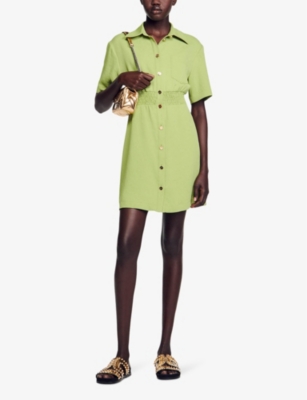 Shop Sandro Women's Verts Patch-pocket Shirred-waist Woven Mini Dress