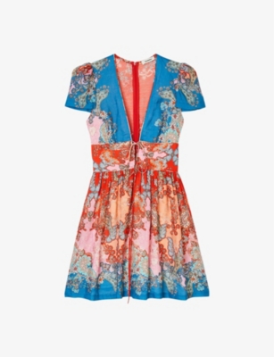 Shop Sandro Women's Bleus Graphic-print V-neck Woven Mini Dress