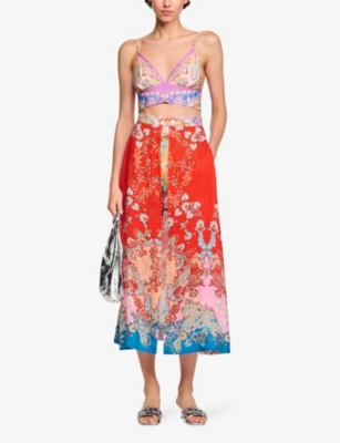 Shop Sandro Womens Bleus Floral-print Two-layer Woven Maxi Skirt