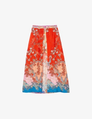 Shop Sandro Women's Bleus Floral-print Two-layer Woven Maxi Skirt